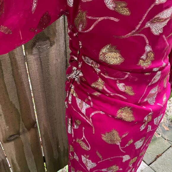 Vintage 80s THE SILK FARM Dolman Long Dress Fuchsia Chiffon Gold Silver Lame S - Picture 9 of 12